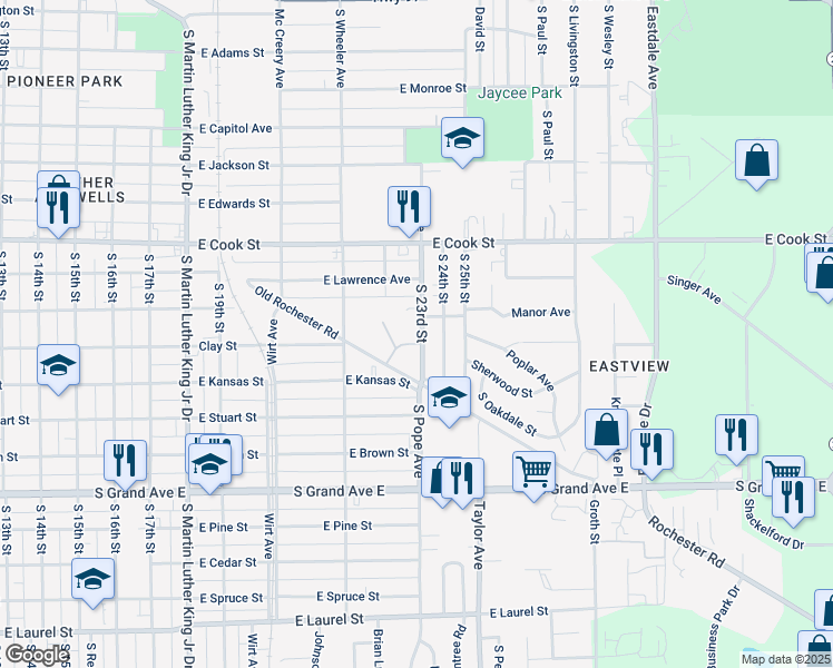 map of restaurants, bars, coffee shops, grocery stores, and more near 2 South 23rd Street in Springfield