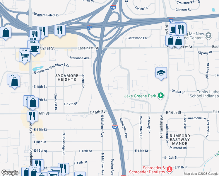 map of restaurants, bars, coffee shops, grocery stores, and more near 1714 Wellington Avenue in Indianapolis