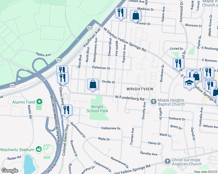 map of restaurants, bars, coffee shops, grocery stores, and more near 1870 Stewart Boulevard in Fairborn