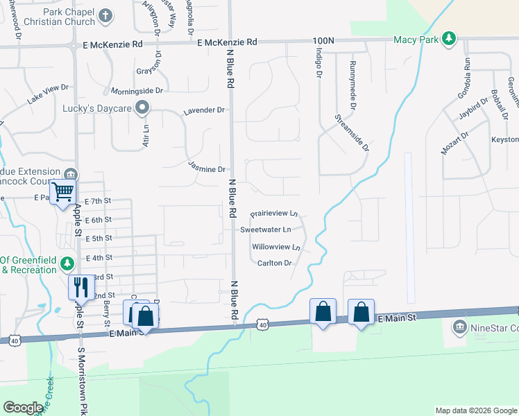 map of restaurants, bars, coffee shops, grocery stores, and more near 1596 Prairieview Lane in Greenfield