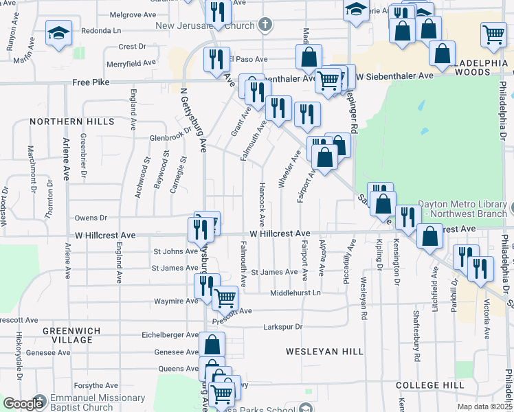 map of restaurants, bars, coffee shops, grocery stores, and more near 2441 Hancock Avenue in Dayton