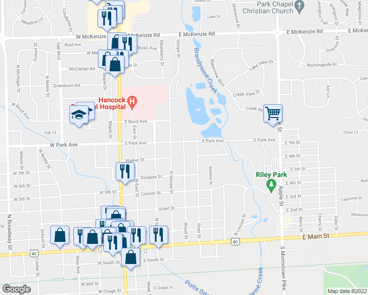 map of restaurants, bars, coffee shops, grocery stores, and more near 611 Wood St in Greenfield