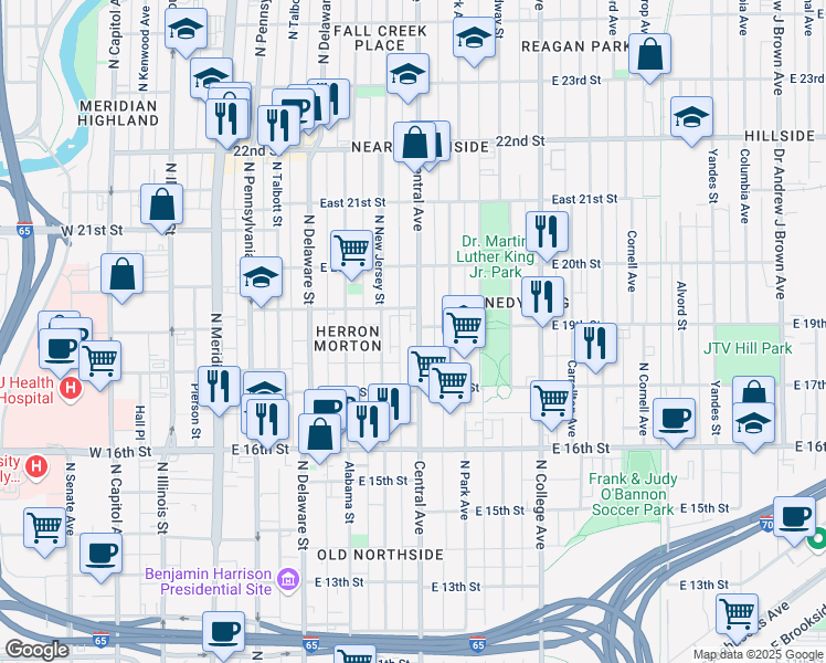 map of restaurants, bars, coffee shops, grocery stores, and more near 1836 Central Avenue in Indianapolis
