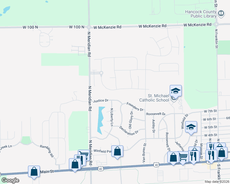 map of restaurants, bars, coffee shops, grocery stores, and more near 2031 Meridian Springs Ln in Greenfield
