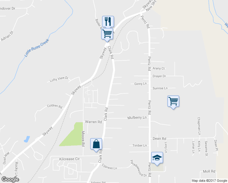 map of restaurants, bars, coffee shops, grocery stores, and more near 7112 Clark Road in Paradise
