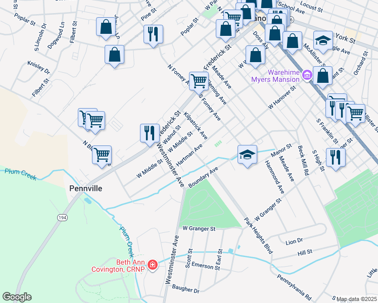 map of restaurants, bars, coffee shops, grocery stores, and more near 701 Hartman Avenue in Hanover