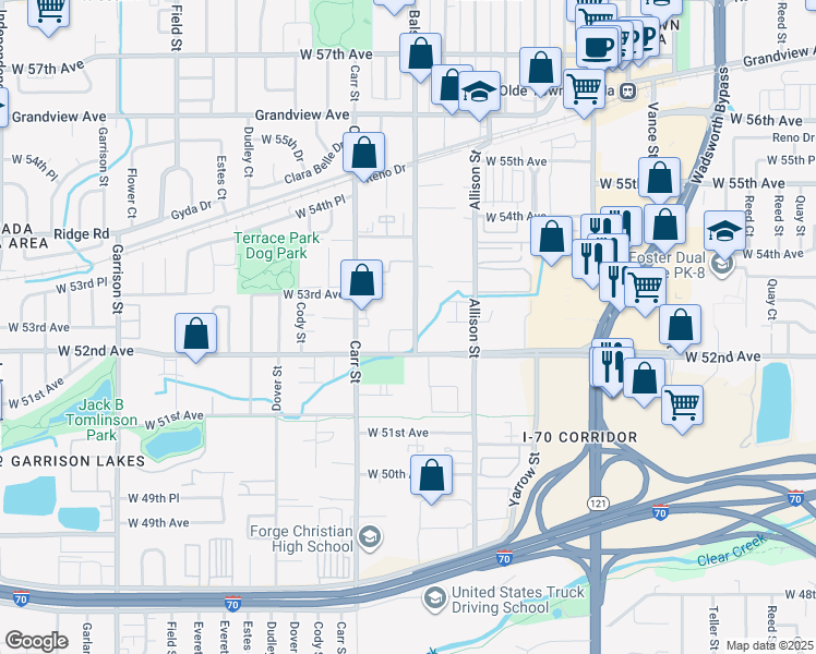 map of restaurants, bars, coffee shops, grocery stores, and more near 5235 Balsam Street in Arvada