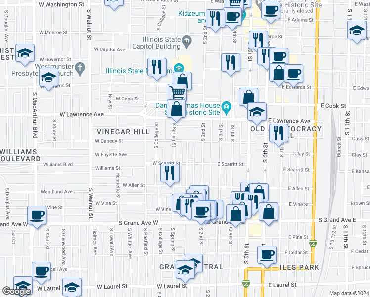 map of restaurants, bars, coffee shops, grocery stores, and more near 917 South 1st Street in Springfield