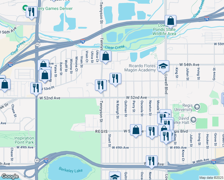 map of restaurants, bars, coffee shops, grocery stores, and more near 5245 Raleigh Street in Denver