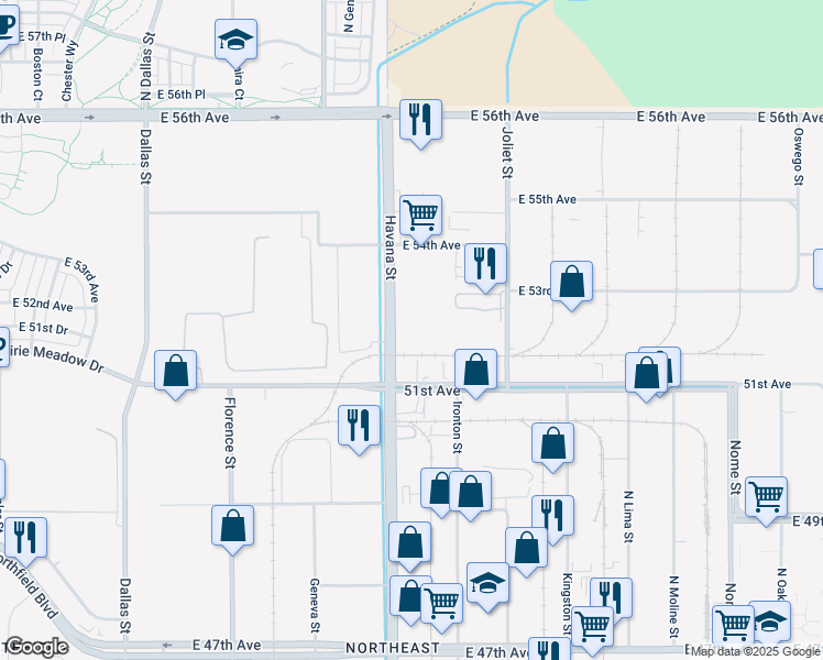 map of restaurants, bars, coffee shops, grocery stores, and more near 5150 Havana Street in Denver