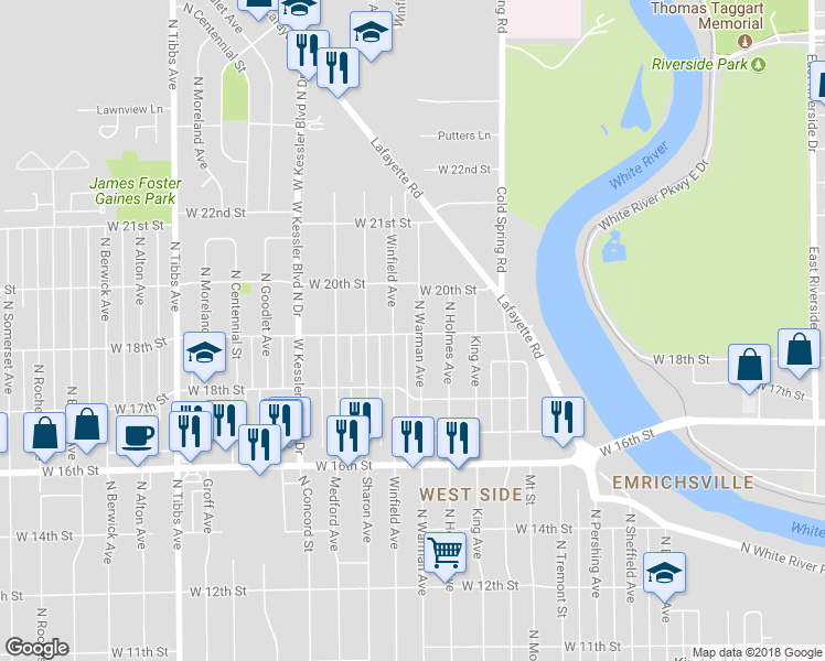 map of restaurants, bars, coffee shops, grocery stores, and more near 1902 North Warman Avenue in Indianapolis