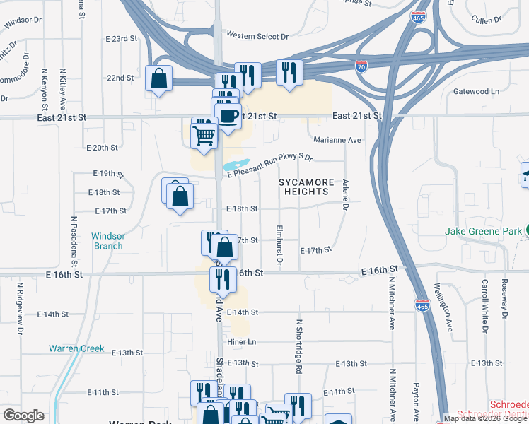 map of restaurants, bars, coffee shops, grocery stores, and more near 1739 North Coolidge Avenue in Indianapolis