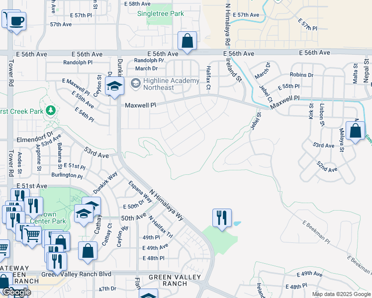map of restaurants, bars, coffee shops, grocery stores, and more near 19579 East 52nd Avenue in Denver