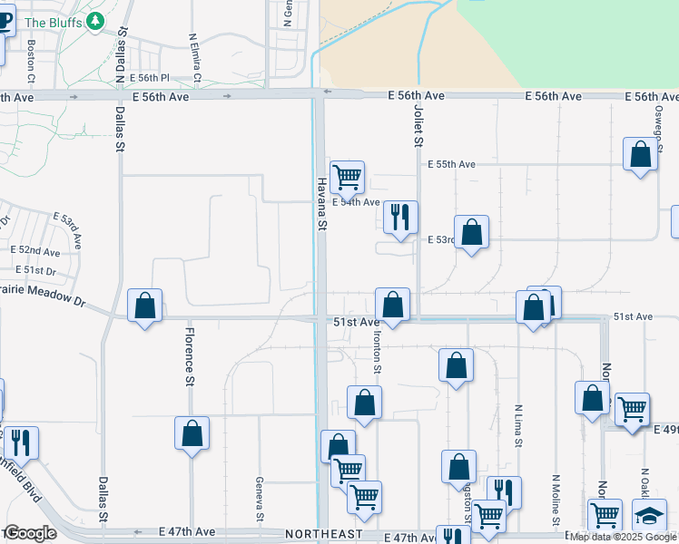 map of restaurants, bars, coffee shops, grocery stores, and more near 5150 Havana Street in Denver