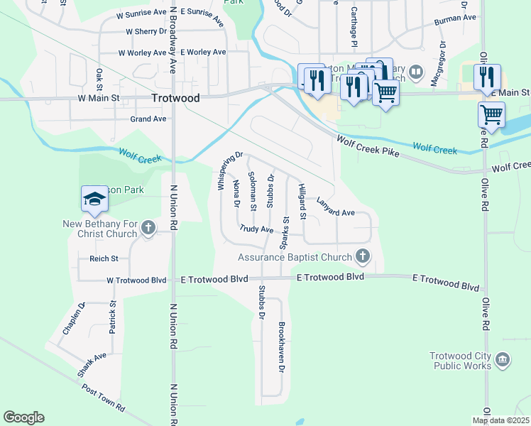 map of restaurants, bars, coffee shops, grocery stores, and more near 43 Stubbs Dr in Dayton