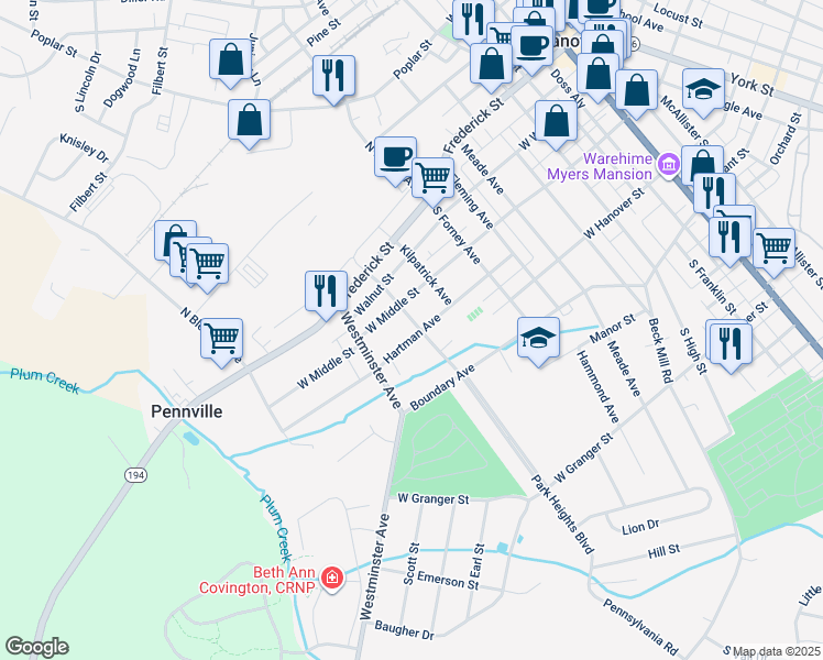 map of restaurants, bars, coffee shops, grocery stores, and more near 701 Hartman Avenue in Hanover