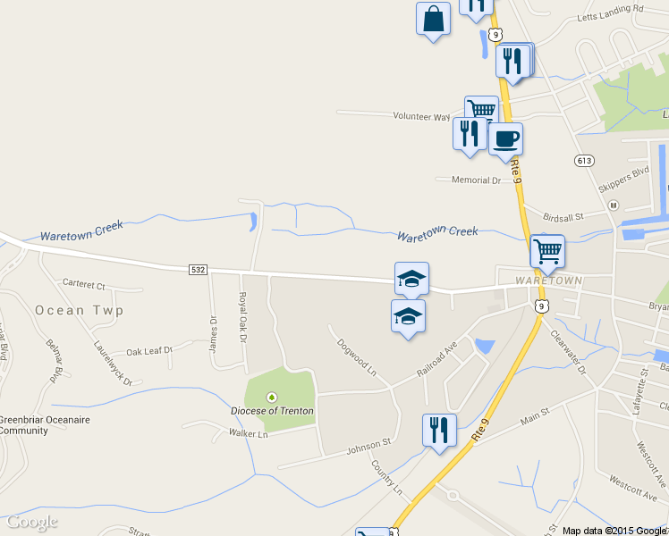 map of restaurants, bars, coffee shops, grocery stores, and more near 156 Wells Mills Rd in Ocean Township