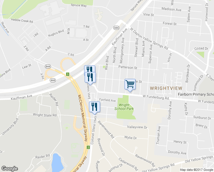map of restaurants, bars, coffee shops, grocery stores, and more near 1878 Rice Boulevard in Fairborn