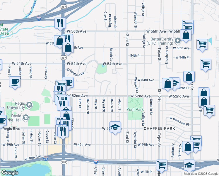 map of restaurants, bars, coffee shops, grocery stores, and more near 5252 Columbine Lane in Denver