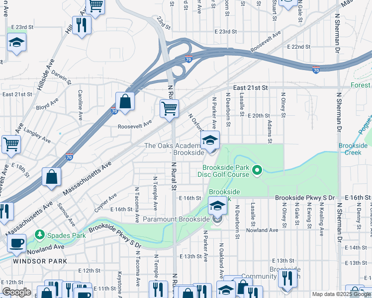 map of restaurants, bars, coffee shops, grocery stores, and more near 2911 East 19th Street in Indianapolis