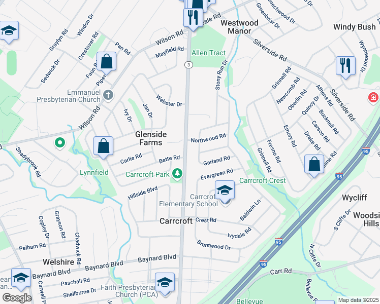 map of restaurants, bars, coffee shops, grocery stores, and more near 1313 Marsh Road in Wilmington