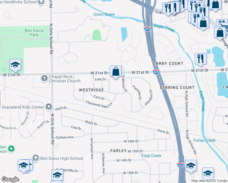 map of restaurants, bars, coffee shops, grocery stores, and more near 6820 Thousand Oaks Drive in Indianapolis