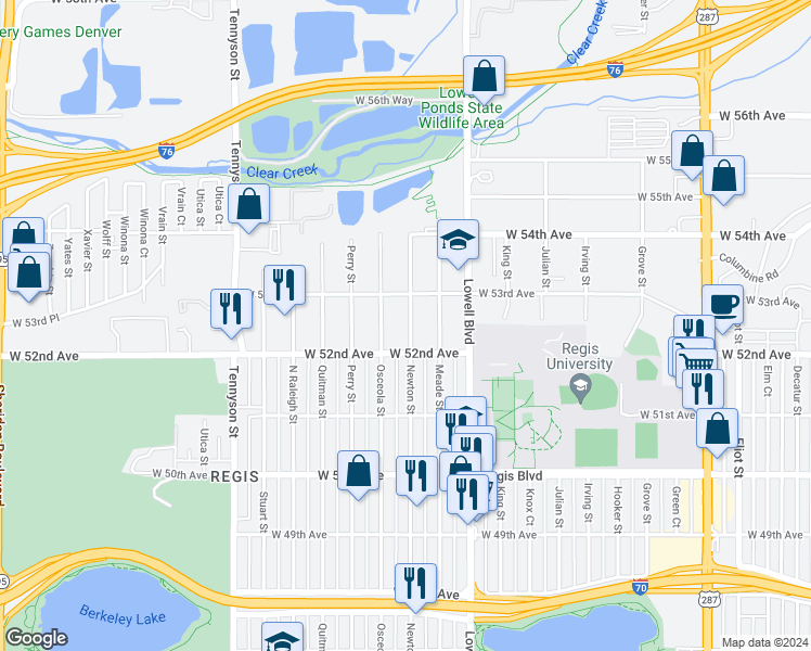 map of restaurants, bars, coffee shops, grocery stores, and more near 5245 Newton Street in Denver
