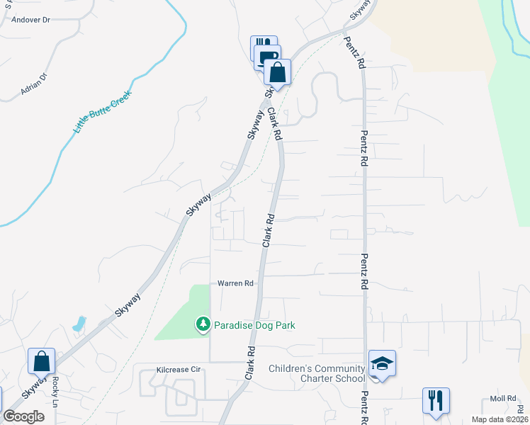 map of restaurants, bars, coffee shops, grocery stores, and more near 7111 Clark Road in Paradise