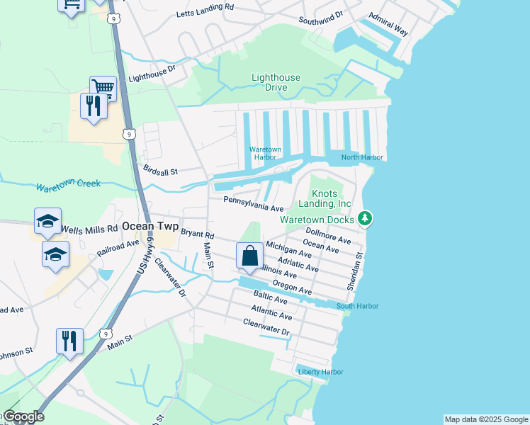map of restaurants, bars, coffee shops, grocery stores, and more near 28 Pennsylvania Avenue in Ocean Township