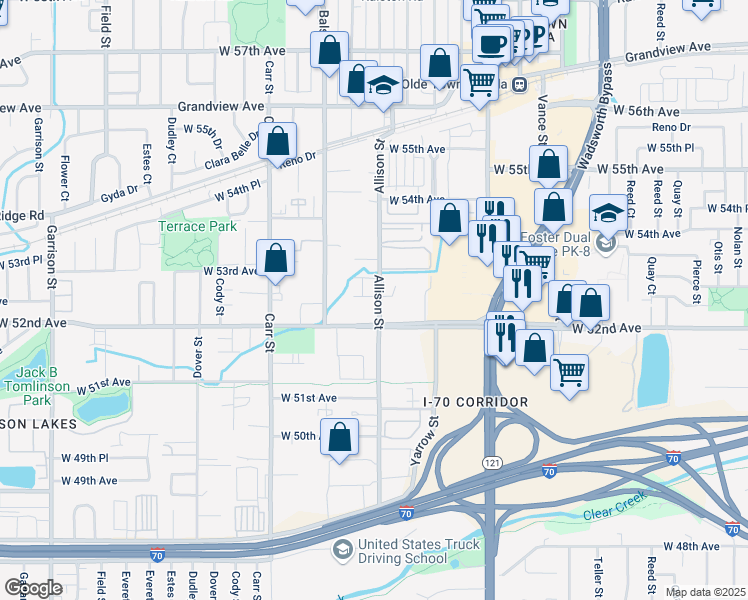 map of restaurants, bars, coffee shops, grocery stores, and more near 5215 Allison Street in Arvada