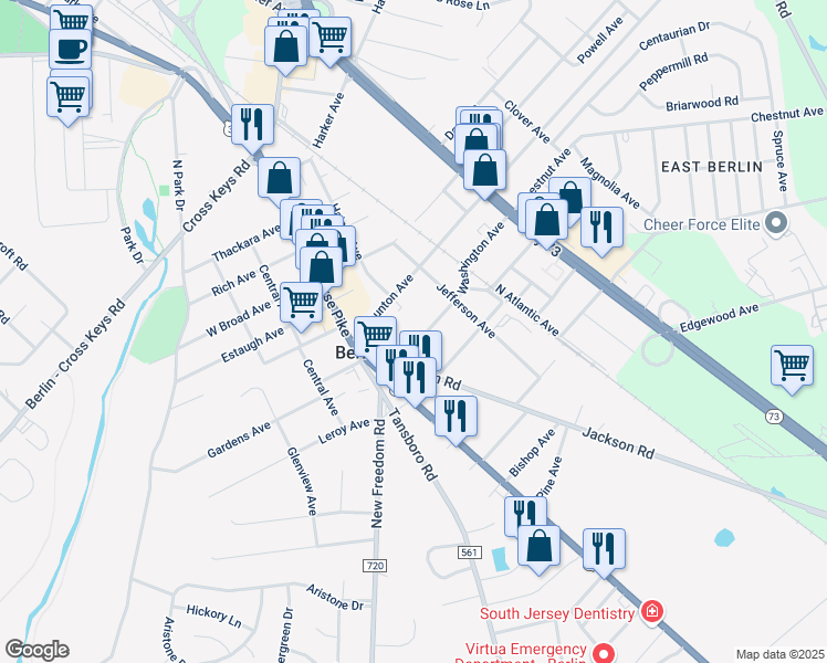 map of restaurants, bars, coffee shops, grocery stores, and more near 18 Washington Avenue in Berlin
