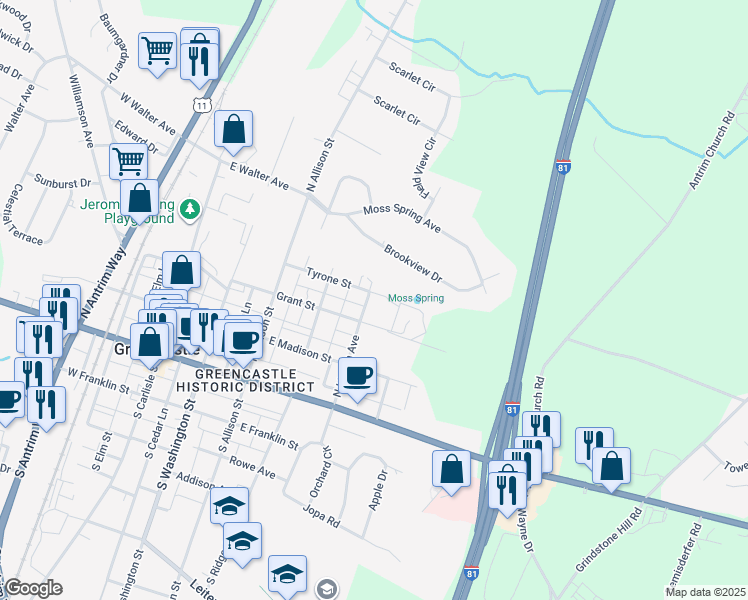 map of restaurants, bars, coffee shops, grocery stores, and more near 249 North Linden Avenue in Greencastle