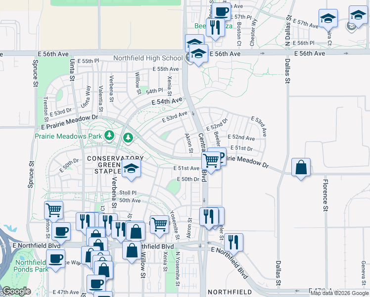 map of restaurants, bars, coffee shops, grocery stores, and more near 5168 Yosemite Way in Denver