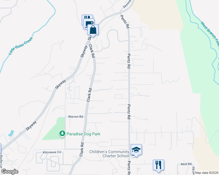 map of restaurants, bars, coffee shops, grocery stores, and more near 1657 Wee Dell Road in Paradise