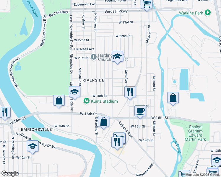 map of restaurants, bars, coffee shops, grocery stores, and more near 1830 Sugar Grove Avenue in Indianapolis