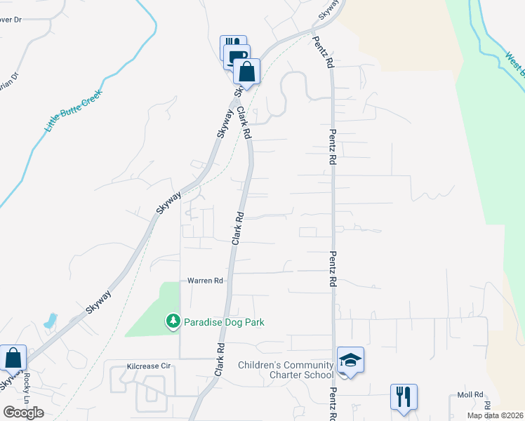 map of restaurants, bars, coffee shops, grocery stores, and more near 1625 Wee Dell Road in Paradise