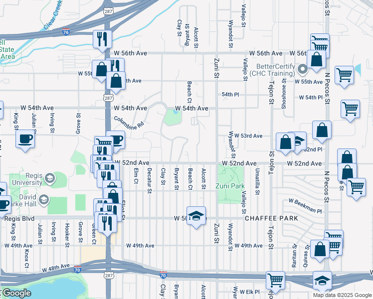 map of restaurants, bars, coffee shops, grocery stores, and more near 5277 Columbine Lane in Denver