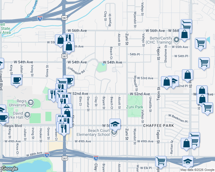 map of restaurants, bars, coffee shops, grocery stores, and more near 5230 Lilac Lane in Denver