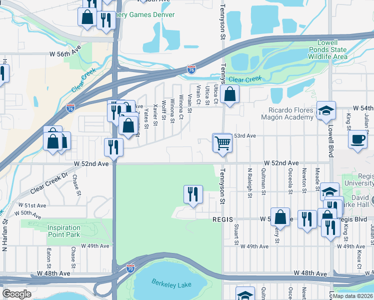 map of restaurants, bars, coffee shops, grocery stores, and more near East Kenyon Avenue in Denver