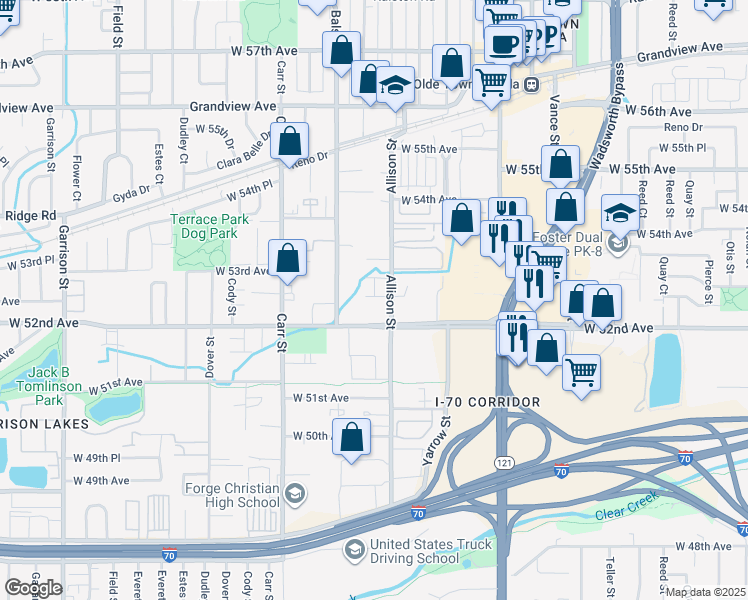 map of restaurants, bars, coffee shops, grocery stores, and more near 5215 Allison Street in Arvada