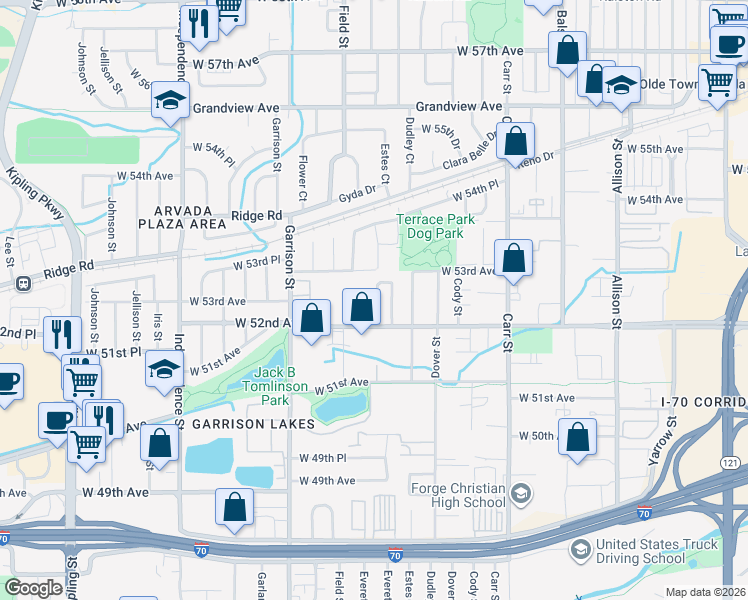 map of restaurants, bars, coffee shops, grocery stores, and more near 5221 Estes Circle in Arvada