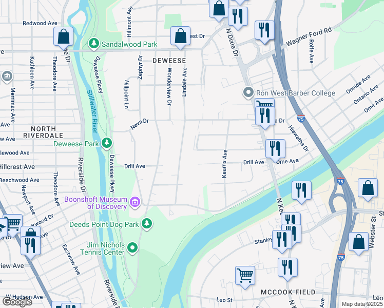 map of restaurants, bars, coffee shops, grocery stores, and more near 1902 Ontario Avenue in Dayton