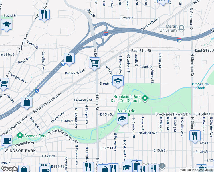 map of restaurants, bars, coffee shops, grocery stores, and more near 2911 East 19th Street in Indianapolis