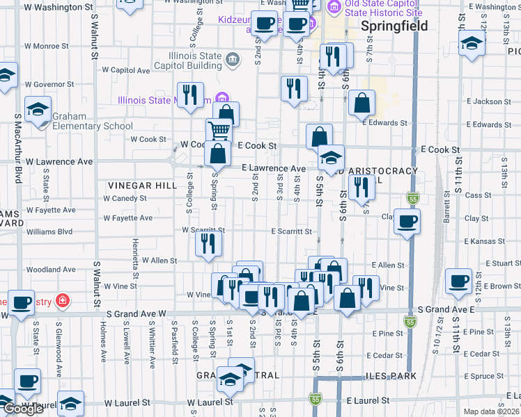 map of restaurants, bars, coffee shops, grocery stores, and more near 900 South 2nd Street in Springfield