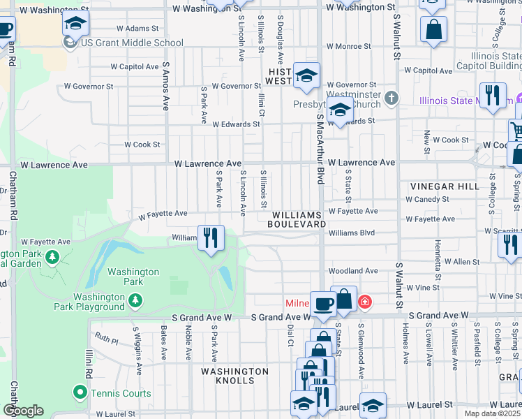 map of restaurants, bars, coffee shops, grocery stores, and more near 1129 West Fayette Avenue in Springfield
