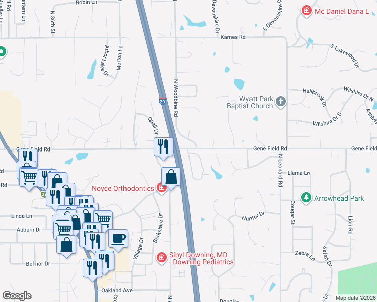 map of restaurants, bars, coffee shops, grocery stores, and more near 2704 North Woodbine Road in Saint Joseph