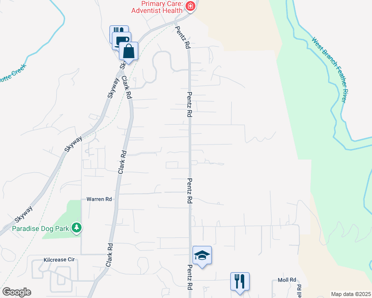 map of restaurants, bars, coffee shops, grocery stores, and more near 7083 Pentz Road in Paradise