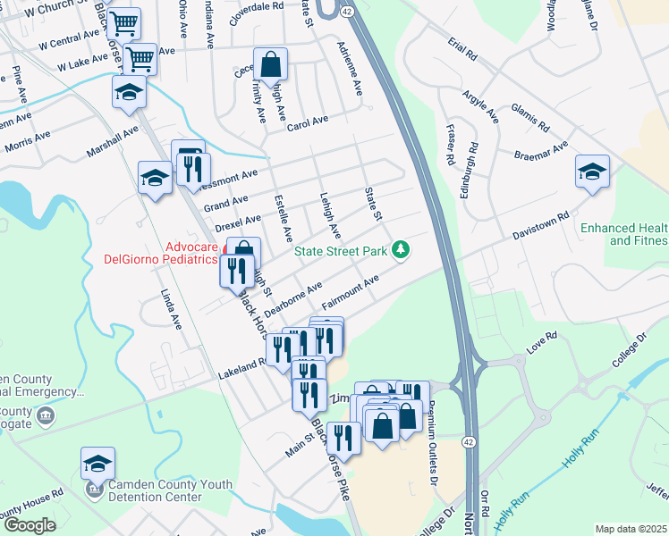 map of restaurants, bars, coffee shops, grocery stores, and more near 229 Dearborne Avenue in Camden County