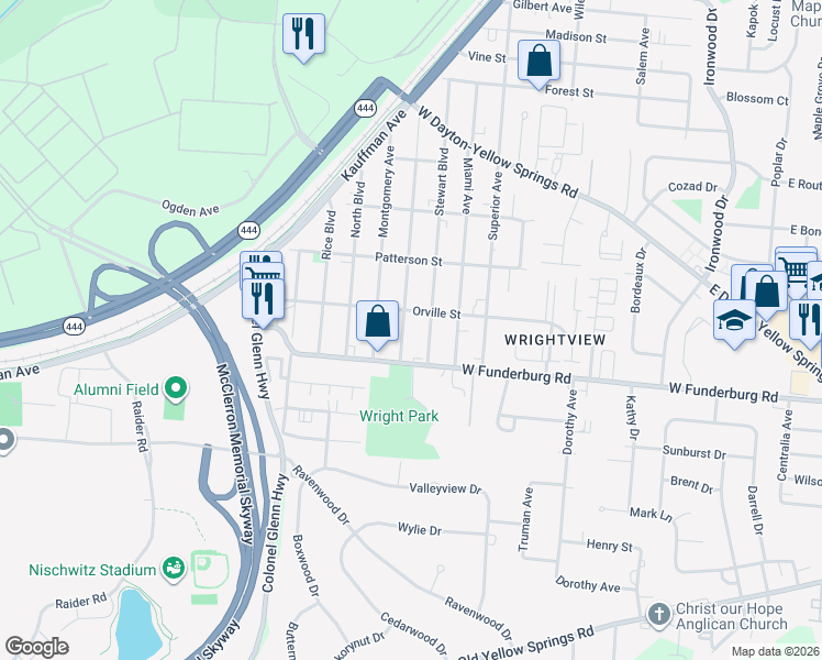 map of restaurants, bars, coffee shops, grocery stores, and more near 1868 Wilbur Avenue in Fairborn