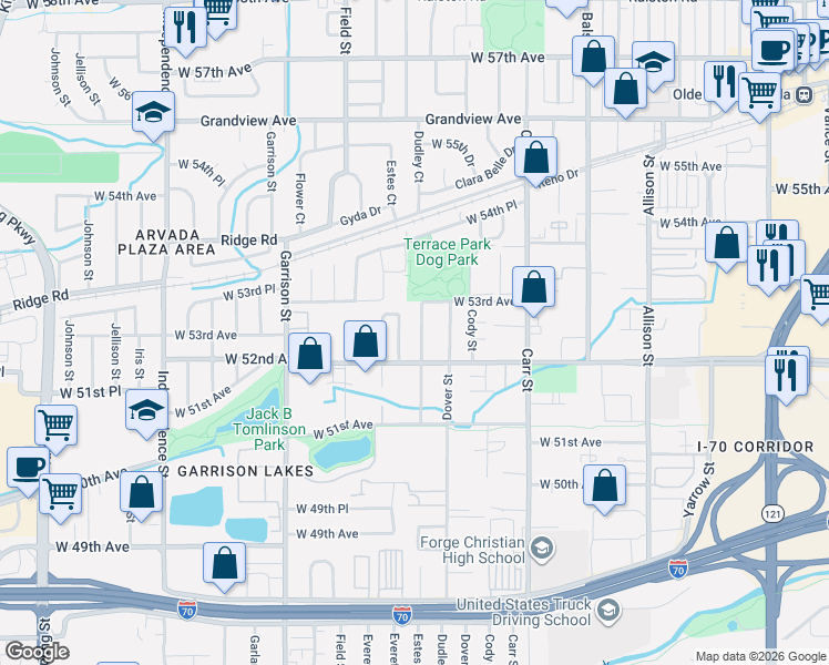 map of restaurants, bars, coffee shops, grocery stores, and more near 5240 Dudley Street in Arvada